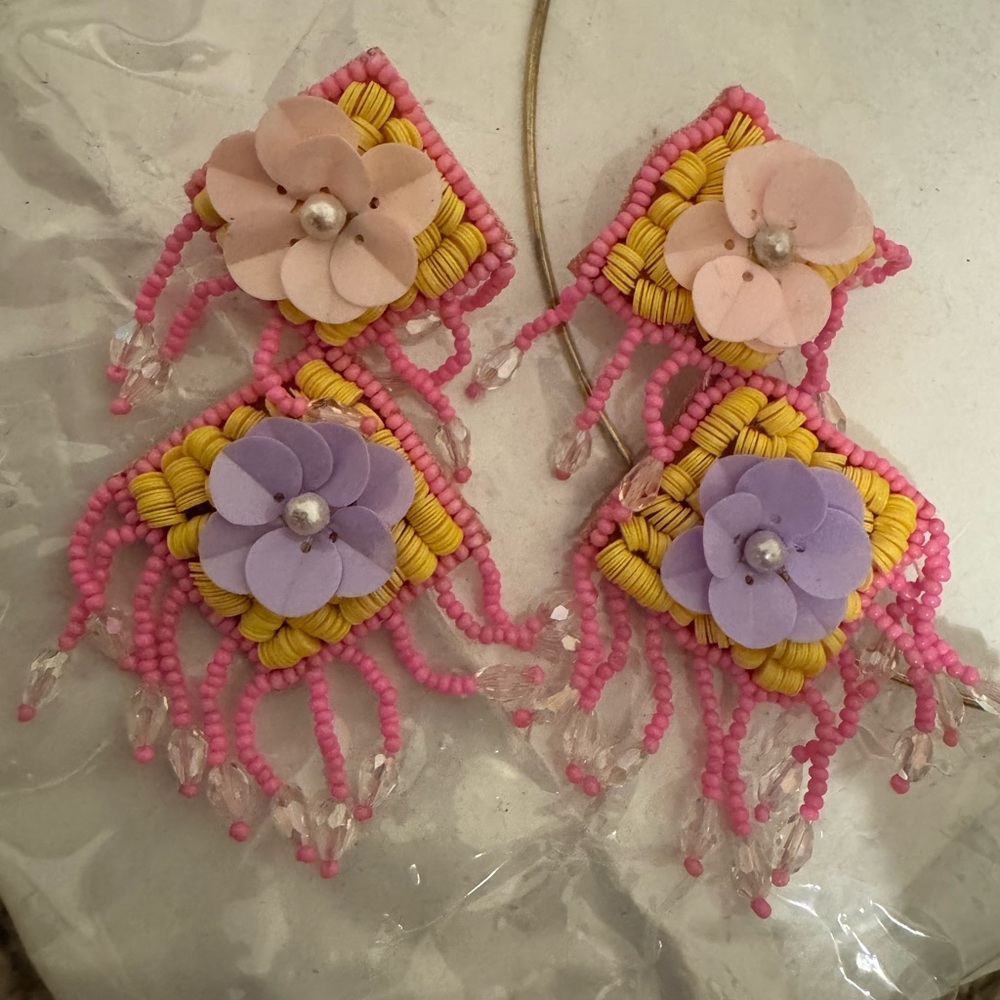 Pink and Yellow Beaded Earrings